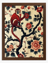 Lunar Monkey & Peonies Art Print - Brown