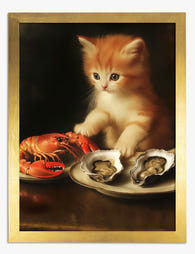 Curious Kitten & Seafood Still Life Art Print - Gold