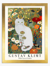 Klimt White Cat in Garden Art Print - Gold