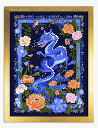Blue Dragon Floral Art Print Gold Frame