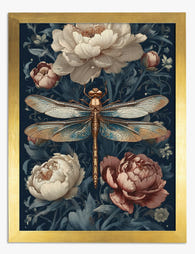 Dragonfly & Peony Elegance Art Print - Gold