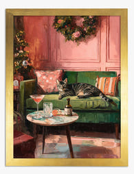 Cozy Cat Holiday Lounge Art Print Gold