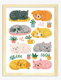 Cozy Napping Pets Art Print Oak