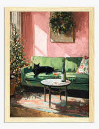 Holiday Cat Lounge Art Print - Oak