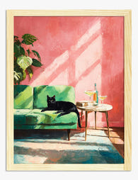 Sunlit Cat & Cocktails Art Print Oak