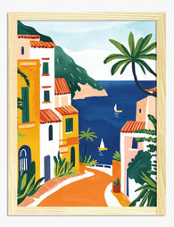 Sunlit Coastal Village Art Print Oak