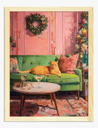 Cozy Holiday Cat Lounge Art Print - Oak