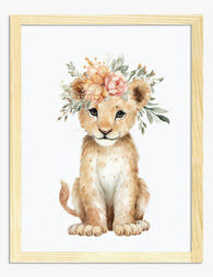 Floral Crowned Lion Cub Art Print - Oak