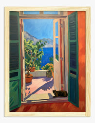 Coastal Cat Retreat Art Print Oak Frame