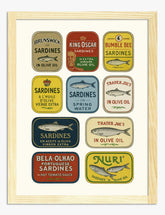 Retro Sardine Labels Art Print - Oak