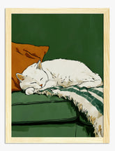 Cozy Cat Nap on Green Sofa Art Print - Oak
