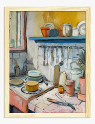 Sunlit Vintage Kitchen Scene Art Print - Oak