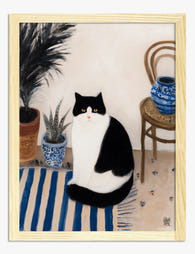 Boho Cat & Blue Vase Art Print Oak