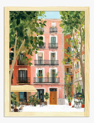 Pastel Barcelona Balcony Scene Art Print - Oak