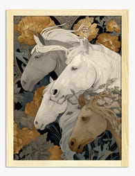 Majestic Horses in Bloom Art Print Oak