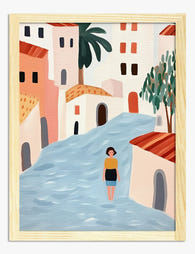 Sunlit Italian Village Stroll Art Print - Oak