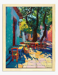 Sunlit Patio Gathering Art Print - Oak