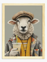 Stylish Sheep with Bubble Tea Art Print - Oak