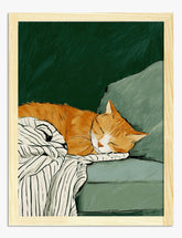 Cozy Cat Nap on Sage Sofa Art Print - Oak
