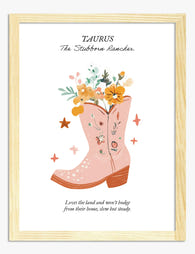 Taurus Wildflower Boot Art Print - Oak
