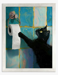 Quirky Bathroom Cat Art Print - Silver