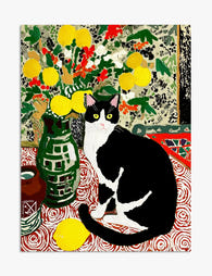 Playful Cat & Yellow Blooms Art Print - Unframed