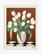 White Tulips on Checkered Table Art Print - Unframed