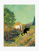 Van Gogh Garden with Playful Cat Art Print - Unframed