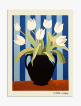 Striped Vase of White Tulips Art Print - Unframed