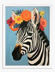 Zebra with Floral Crown Art Print - White