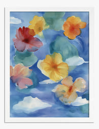 Floating Florals in Blue Art Print - White