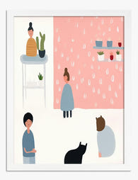 Cat Café Companions Art Print - White