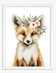 Fox & Floral Crown Charm Art Print - White