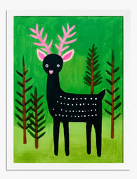 Midnight Deer in the Pines Art Print - White
