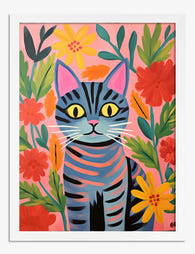 Playful Cat in Bloom Art Print - White