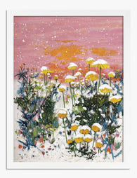 Snowfall Over Wildflowers Art Print - White
