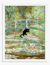 Monet’s Pond with Playful Cat Art Print - White
