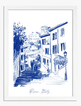 Blue Rome Street Scene Art Print - White