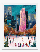 City Lights Ice Skating Art Print - White