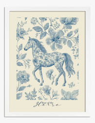 Blue Floral Horse Elegance Art Print White