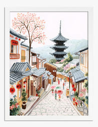 Cherry Blossom Kyoto Street Art Print White