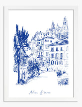Blue Line Nice Cityscape Art Print - White