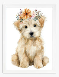 Puppy with Floral Crown Art Print White