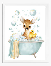 Fawn & Duck Bathtime Art Print - White