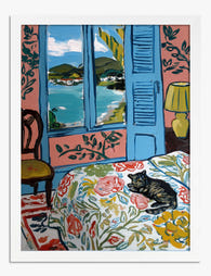 Sunlit Room with Cat Art Print - White