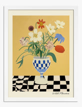 Checkered Vase Wildflowers Art Print - White