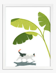 Cat Under Banana Leaves Art Print - White