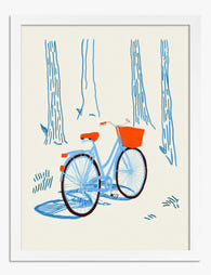 Blue Bicycle in the Woods Art Print White