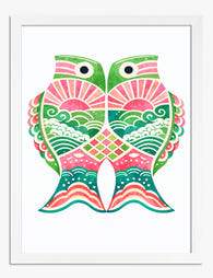 Pink & Green Koinobori Owls Art Print White