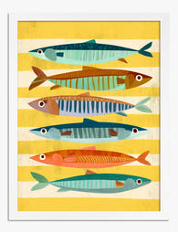 Vibrant Striped Fish Parade Art Print - White